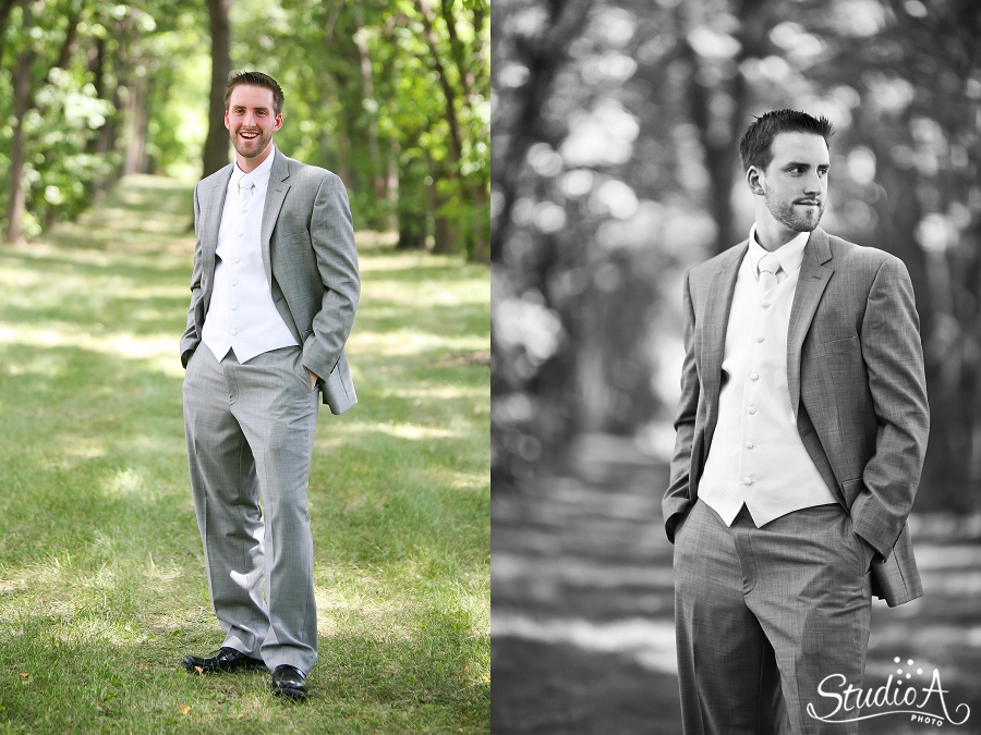 portraits of groom in grey and white suite